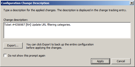 Forefront TMG 2010 Change Tracking Description Prompt